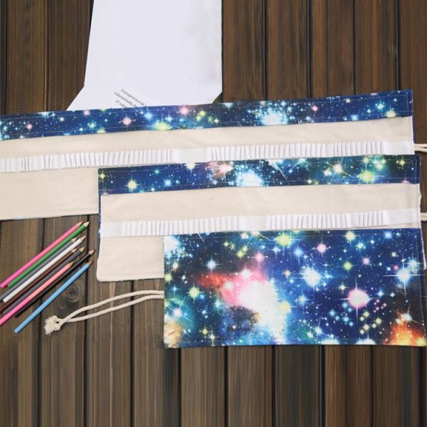 72 Slots Cosmic Galaxy Print Pen Bag Canvas Pencil Wrap Curtain Roll Up Pencil Case Stationery Pouch - Image 4
