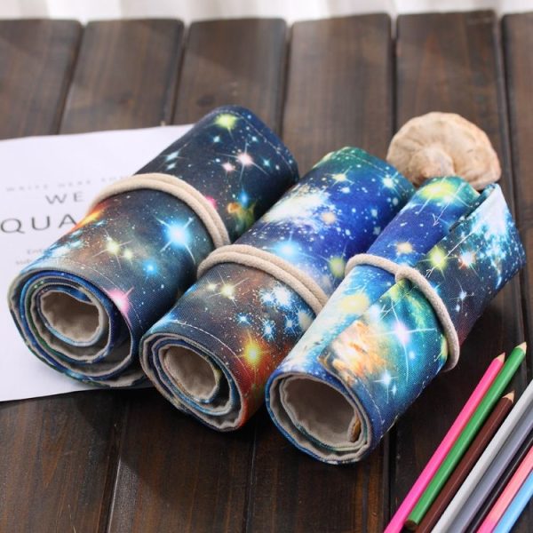 72 Slots Cosmic Galaxy Print Pen Bag Canvas Pencil Wrap Curtain Roll Up Pencil Case Stationery Pouch - Image 5