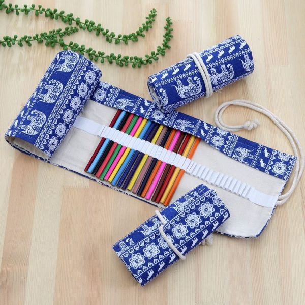 48 Slots Ethnic Elephant Print Pen Bag Canvas Pencil Wrap Curtain Roll Up Pencil Case Stationery Pouch - Image 2