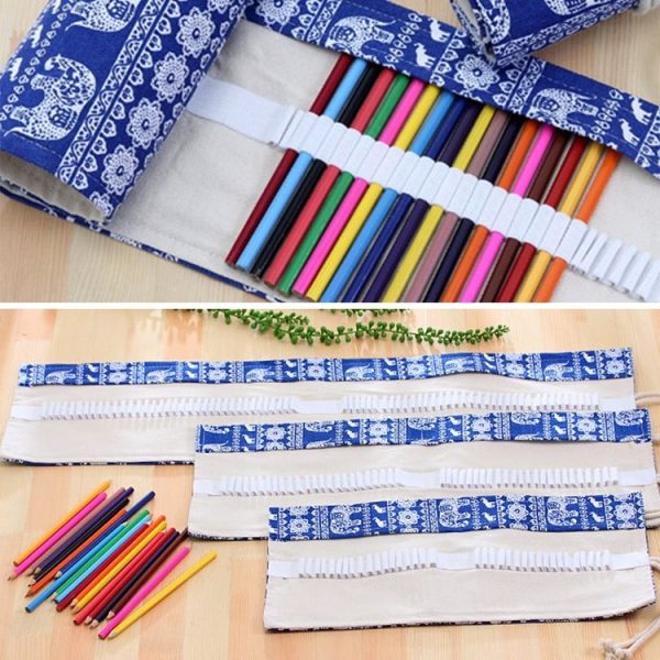 48 Slots Ethnic Elephant Print Pen Bag Canvas Pencil Wrap Curtain Roll Up Pencil Case Stationery Pouch - Image 3