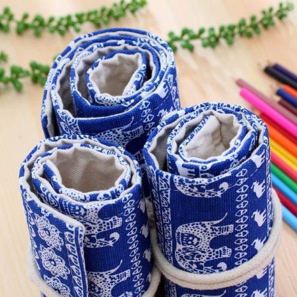 48 Slots Ethnic Elephant Print Pen Bag Canvas Pencil Wrap Curtain Roll Up Pencil Case Stationery Pouch - Image 4