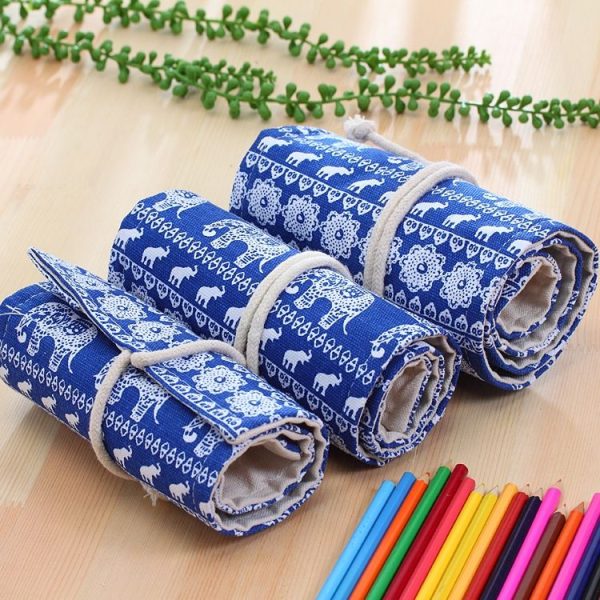48 Slots Ethnic Elephant Print Pen Bag Canvas Pencil Wrap Curtain Roll Up Pencil Case Stationery Pouch - Image 5