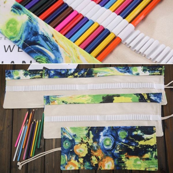 72 Slots Van Gogh Oil Painting Print Pen Bag Canvas Pencil Wrap Curtain Roll Up Pencil Case Stationery Pouch - Image 4