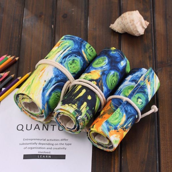 72 Slots Van Gogh Oil Painting Print Pen Bag Canvas Pencil Wrap Curtain Roll Up Pencil Case Stationery Pouch - Image 5