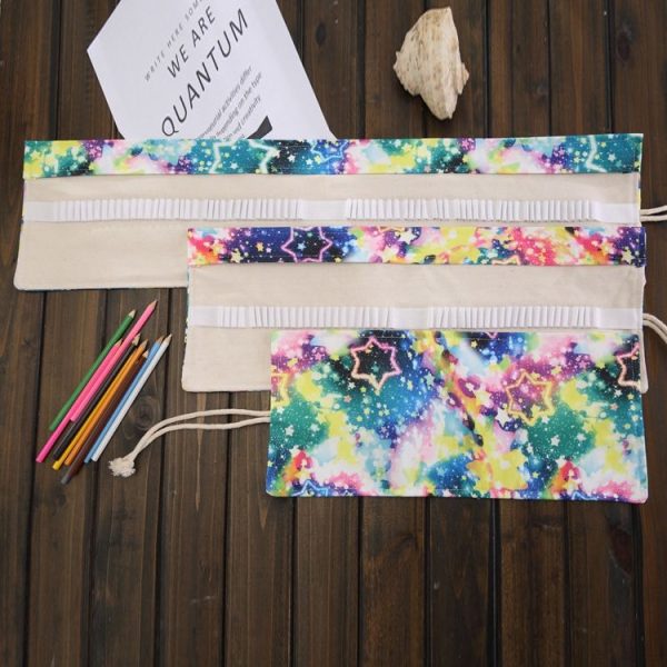 48 Slots Starry Sky Print Pen Bag Canvas Pencil Wrap Curtain Roll Up Pencil Case Stationery Pouch - Image 4