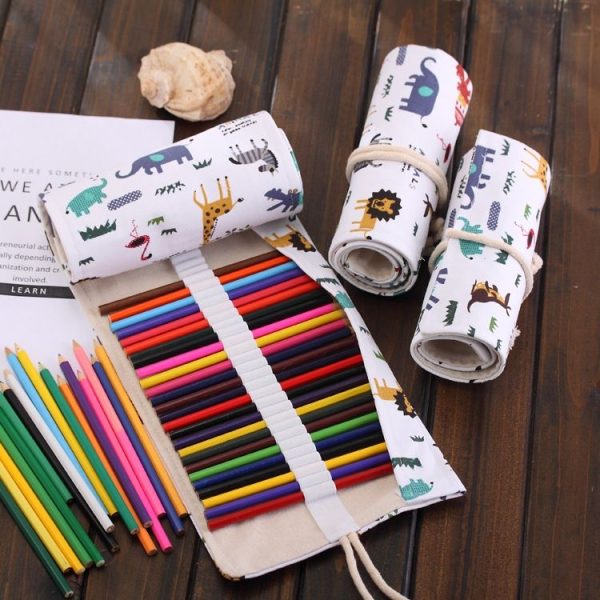 72 Slots Cartoon Animal Print Pen Bag Canvas Pencil Wrap Curtain Roll Up Pencil Case Stationery Pouch - Image 3