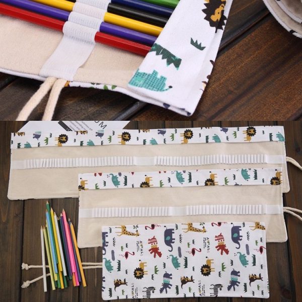 72 Slots Cartoon Animal Print Pen Bag Canvas Pencil Wrap Curtain Roll Up Pencil Case Stationery Pouch - Image 4