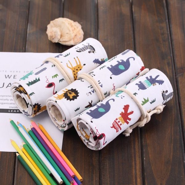 72 Slots Cartoon Animal Print Pen Bag Canvas Pencil Wrap Curtain Roll Up Pencil Case Stationery Pouch - Image 5