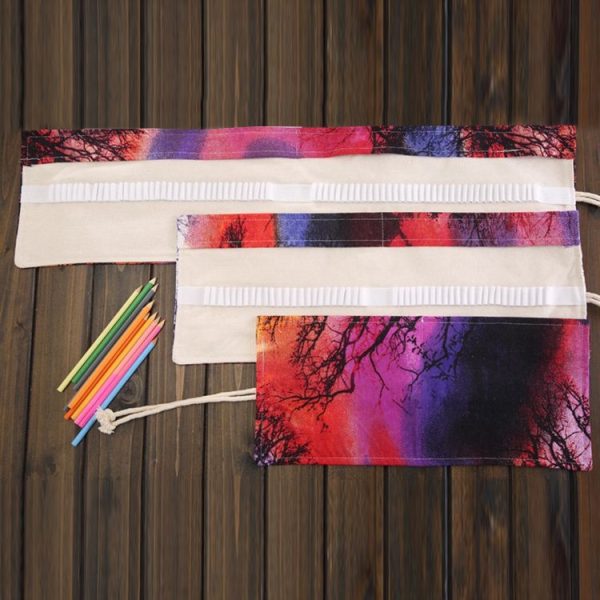 48 Slots Sunset Tree Print Pen Bag Canvas Pencil Wrap Curtain Roll Up Pencil Case Stationery Pouch - Image 4