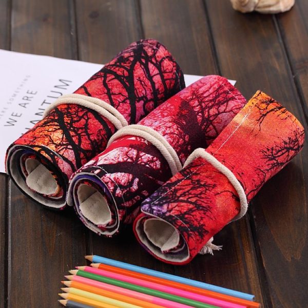 48 Slots Sunset Tree Print Pen Bag Canvas Pencil Wrap Curtain Roll Up Pencil Case Stationery Pouch - Image 6