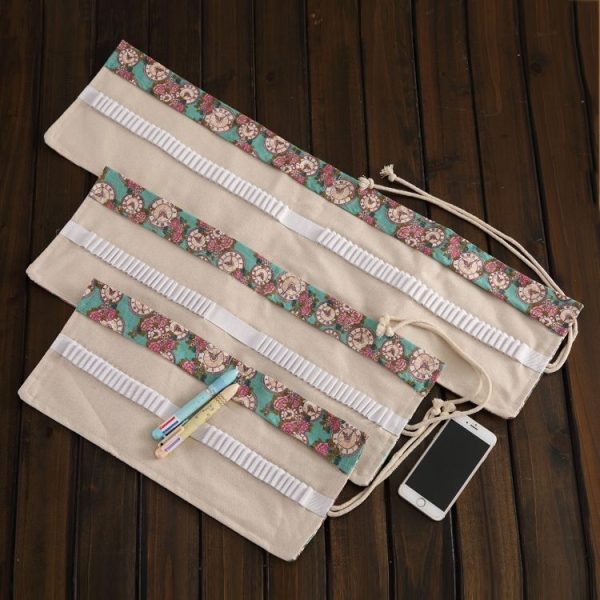 36 Slots Rose Clock Print Pen Bag Canvas Pencil Wrap Curtain Roll Up Pencil Case Stationery Pouch - Image 3