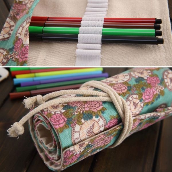 36 Slots Rose Clock Print Pen Bag Canvas Pencil Wrap Curtain Roll Up Pencil Case Stationery Pouch - Image 4