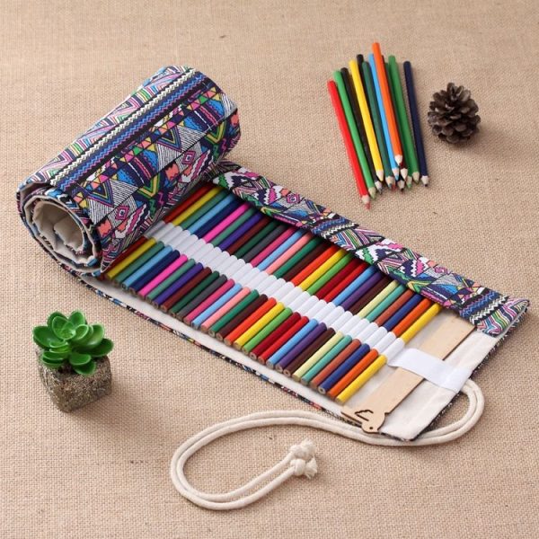 72 Slots Ethnic Print Pen Bag Canvas Pencil Wrap Curtain Roll Up Pencil Case Stationery Pouch - Image 2