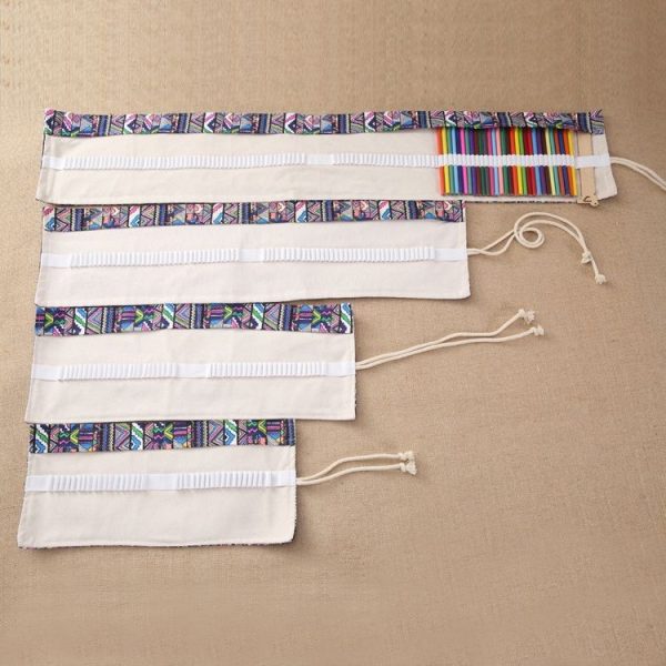 72 Slots Ethnic Print Pen Bag Canvas Pencil Wrap Curtain Roll Up Pencil Case Stationery Pouch - Image 3