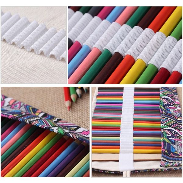 72 Slots Ethnic Print Pen Bag Canvas Pencil Wrap Curtain Roll Up Pencil Case Stationery Pouch - Image 5
