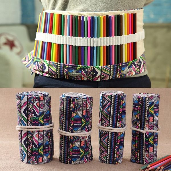 72 Slots Ethnic Print Pen Bag Canvas Pencil Wrap Curtain Roll Up Pencil Case Stationery Pouch - Image 6