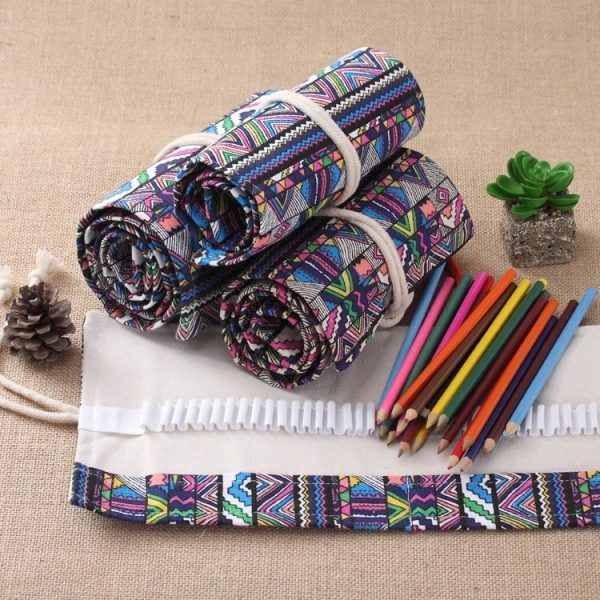 72 Slots Ethnic Print Pen Bag Canvas Pencil Wrap Curtain Roll Up Pencil Case Stationery Pouch - Image 7