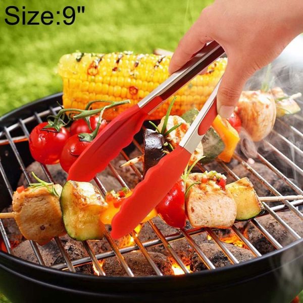 9 inch Silicone Non-slip Food Bread Barbecue BBQ Clip Tongs Kitchen Tools (Red)
