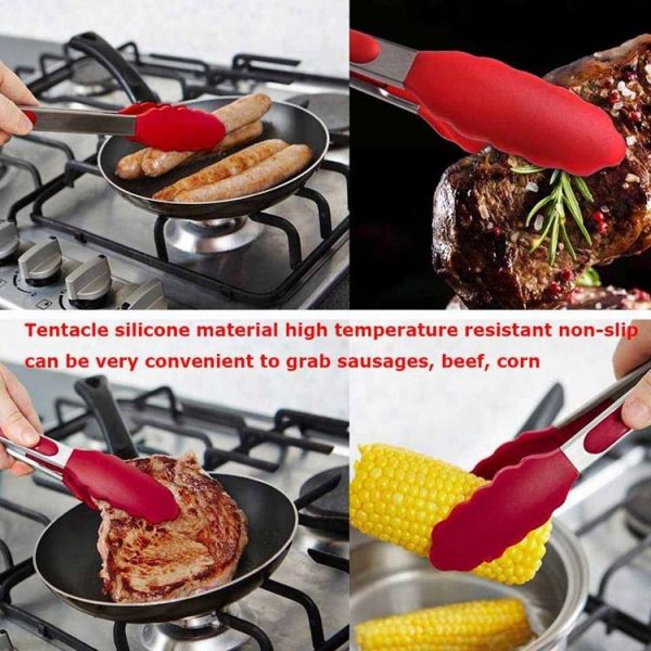 9 inch Silicone Non-slip Food Bread Barbecue BBQ Clip Tongs Kitchen Tools (Red) - Image 7