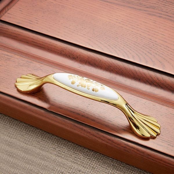 3 PCS 5026_96 Golden Flower Pattern Zinc Alloy Ceramic Cyan Cabinet Drawer Handle - Image 2