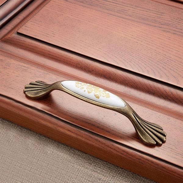 3 PCS 5026_96 Fine Golden Flower Pattern Zinc Alloy Ceramic Cyan Cabinet Drawer Handle - Image 2