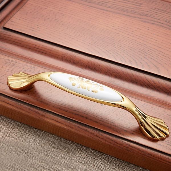 2 PCS 5026_128 Golden Flower Pattern Zinc Alloy Ceramic Cyan Cabinet Drawer Handle - Image 2