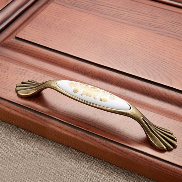3 PCS 5026_128 Fine Golden Flower Pattern Zinc Alloy Ceramic Cyan Cabinet Drawer Handle - Image 2