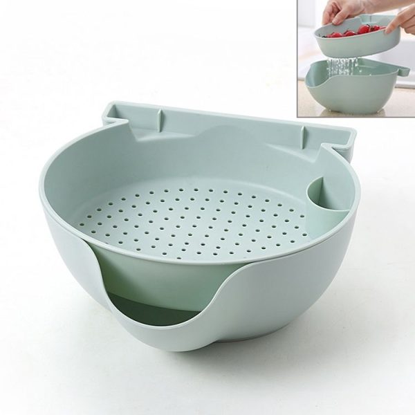 Kitchen Double Layer Fruit Bowl Washing Basket Lazy Bracket Snack Nuts Bowl (Blue)