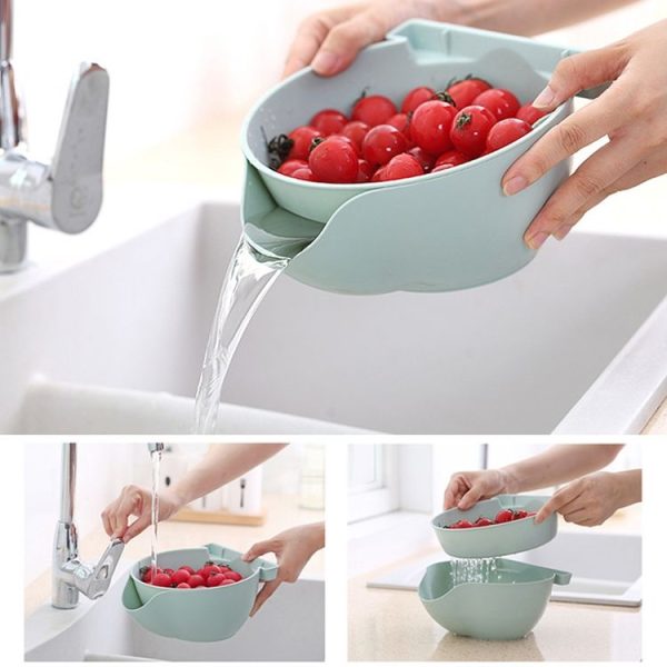 Kitchen Double Layer Fruit Bowl Washing Basket Lazy Bracket Snack Nuts Bowl (Blue) - Image 6