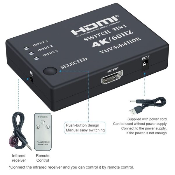 3 In 1 Out 4K 60Hz HD Video HDMI Switcher with Infrared Remote Control - Image 3