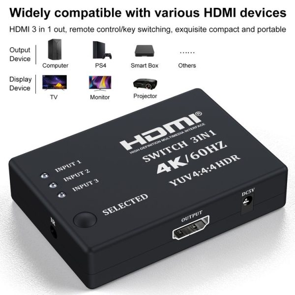 3 In 1 Out 4K 60Hz HD Video HDMI Switcher with Infrared Remote Control - Image 4