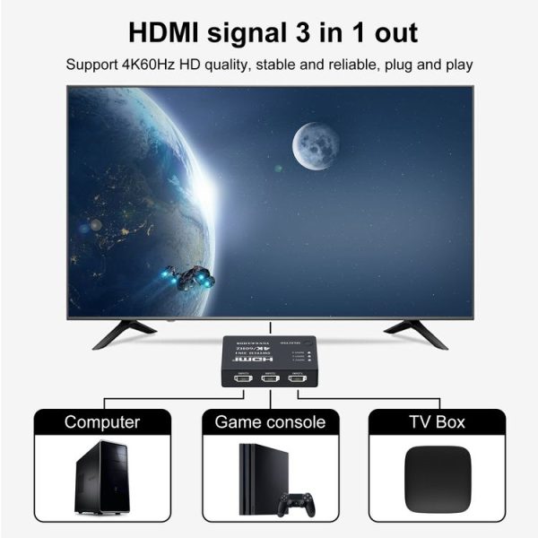 3 In 1 Out 4K 60Hz HD Video HDMI Switcher with Infrared Remote Control - Image 5