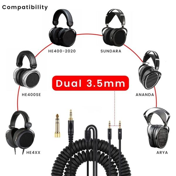 ZS0227 Headphone Dual 3.5mm Spring Audio Cable for Denon AH-D7100 7200 D600 D9200 5200 (Black) - Image 2