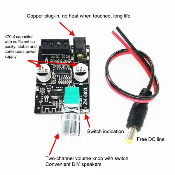 ZK-502L Bluetooth 5.0 12 / 24V Wireless Stereo Audio Digital Power Amplifier Board 50Wx2 Bluetooth Amp Amplificador, with Shell - Image 3