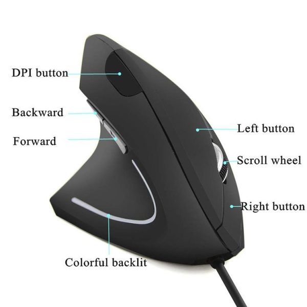 CM0093 Wired Version 2.4GHz Three-button Vertical Mouse for Left-hand, Resolution: 1000DPI / 1200DPI / 1600DPI, Cable Length: 1.7m (Black) - Image 5