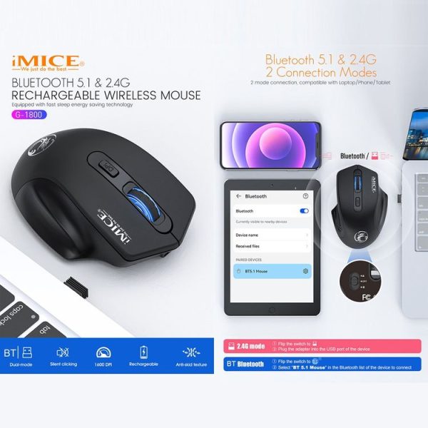 IMICE G-1800 Rechargeable 4 Buttons 1600 DPI 2.4GHz & Bluetooth Silent Wireless Mouse for Computer PC Laptop (Black) - Image 3