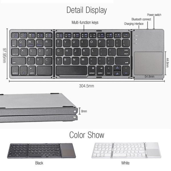 B033 Rechargeable 3-Folding 64 Keys Bluetooth Wireless Keyboard with Touchpad (Grey) - Image 7