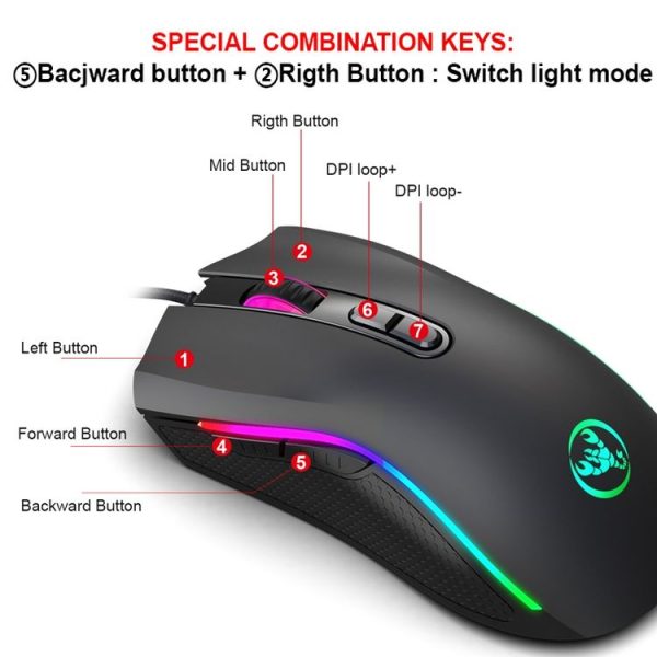 HXSJ A869 Type-C 7200dpi 6-modes Adjustable 7-keys RGB Light Wired Game Mouse - Image 5
