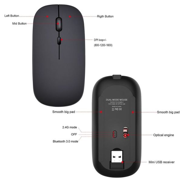 HXSJ M90 2.4GHz Ultrathin Mute Rechargeable Dual Mode Wireless Bluetooth Notebook PC Mouse (Grey) - Image 3