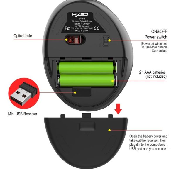 HXSJ T33 2.4GHz Ergonomic Optical Wireless Notebook PC Mouse (Black) - Image 8
