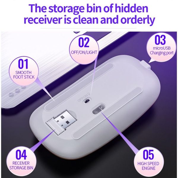 YINDIAO A2 2.4GHz 1600DPI 3-modes Adjustable RGB Light Rechargeable Wireless Silent Mouse (White) - Image 5