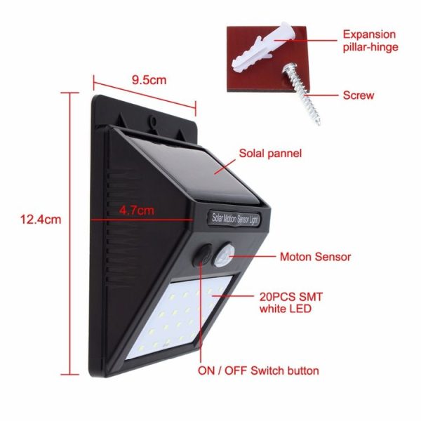 White Light Outdoor Solar Motion Sensor Light, 20 LED for Yard / Garden / Home / Driveway / Stairs / Outside Wall (Black) - Image 6