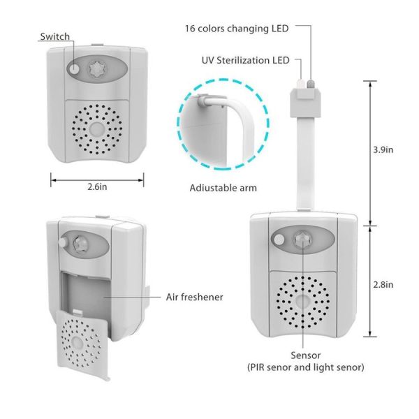 16-colors PIR Motion Sensor + Light Sensor UV Sterilization Aromatherapy LED Light, Home Toilet Bathroom Seat Night Light, DC 5V - Image 4