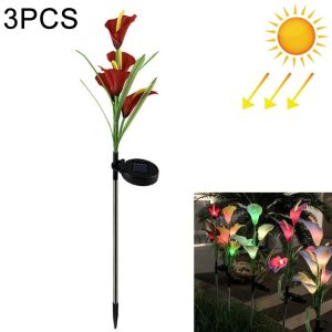 3PCS Simulated Calla Lily Flower 5 Heads Solar Powered Outdoor IP65 Waterproof LED Decorative Lawn Lamp, Colorful Light (Red)
