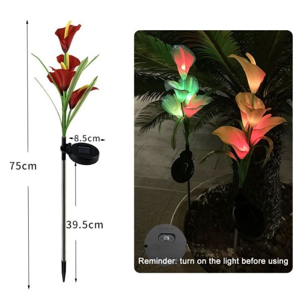 3PCS Simulated Calla Lily Flower 5 Heads Solar Powered Outdoor IP65 Waterproof LED Decorative Lawn Lamp, Colorful Light (Red) - Image 2