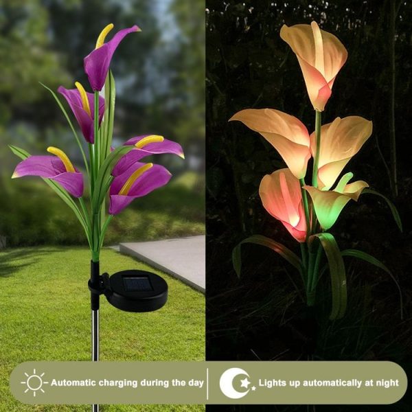 3PCS Simulated Calla Lily Flower 5 Heads Solar Powered Outdoor IP65 Waterproof LED Decorative Lawn Lamp, Colorful Light (Red) - Image 4