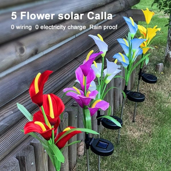 3PCS Simulated Calla Lily Flower 5 Heads Solar Powered Outdoor IP65 Waterproof LED Decorative Lawn Lamp, Colorful Light (Red) - Image 9