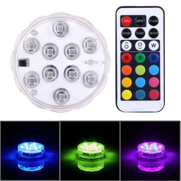 Waterproof Submersible LED Light, 10 LEDs Cylinder Remote Controlled with Remote Controllor, Remote Control Range (in Open Area): 24-30 Feet