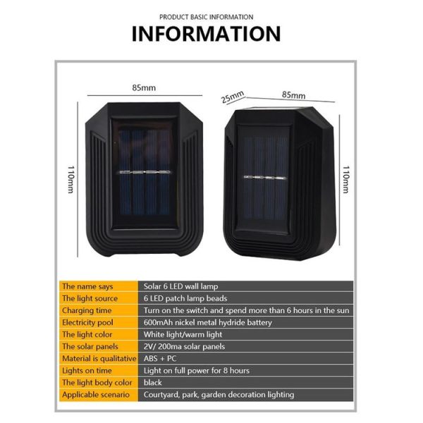6 LED Solar Wall Lamp Outdoor Decorative Garden Up And Down Light (White Light) - Image 9