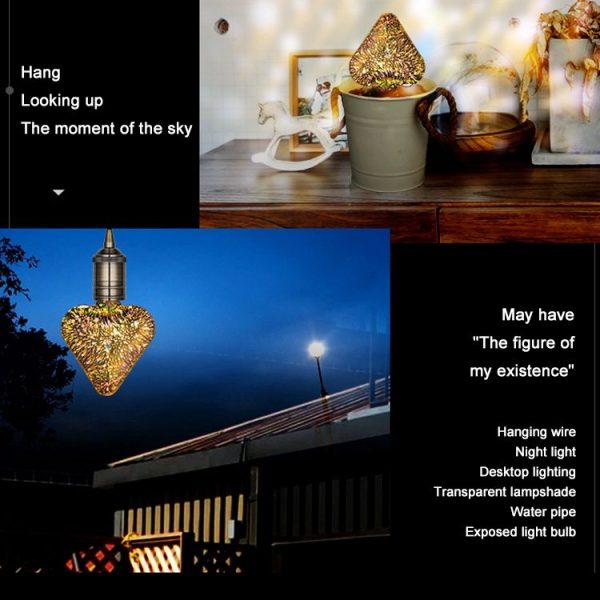 E27 4W IP65 Waterproof Heart Shape Warm White 3D Fireworks LED Bulb, 2700K 48 LEDs SMD 2835 Vintage Atmosphere Decoration Art Lamp, AC 85-265V - Image 9